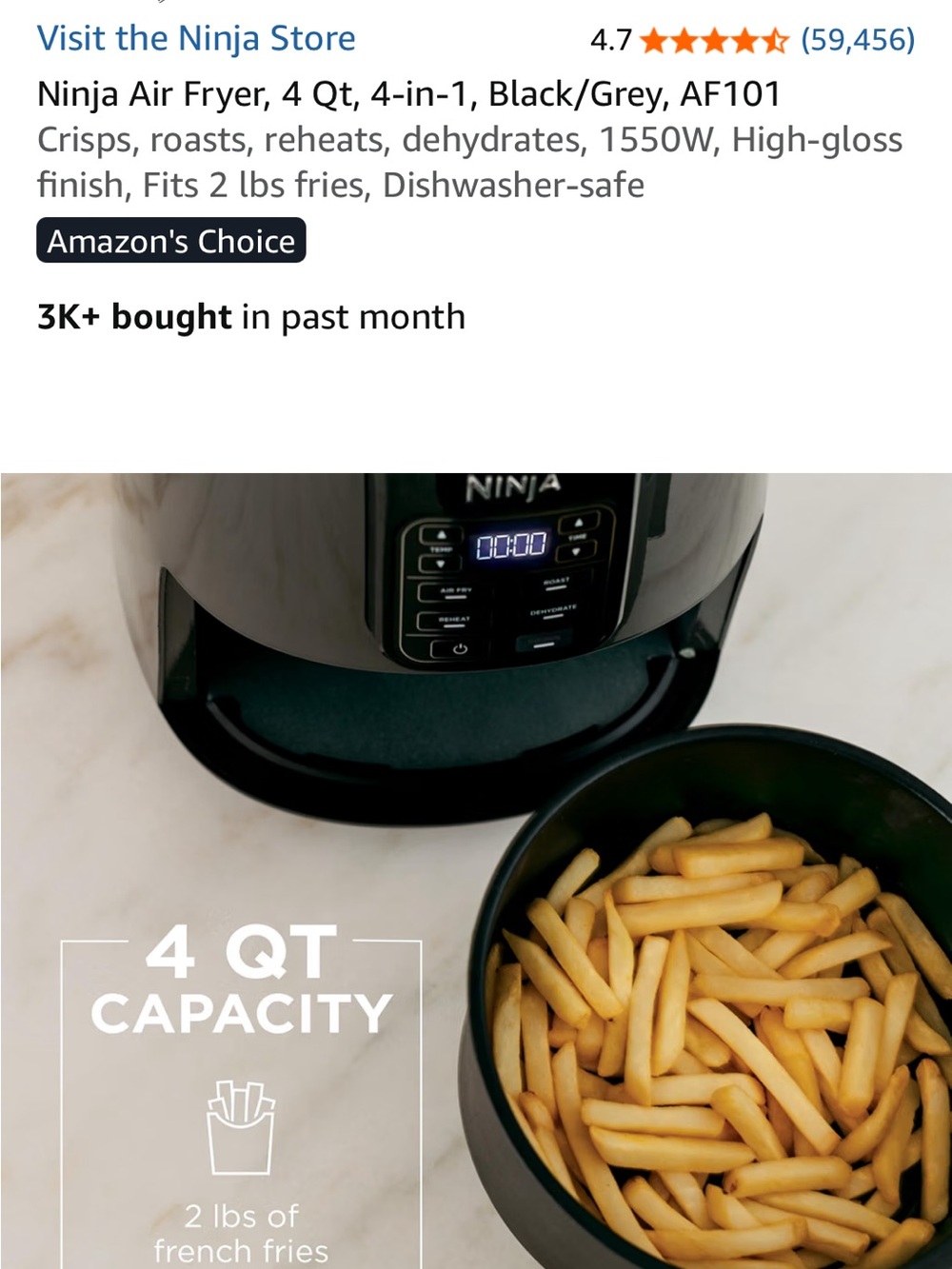 Ninja Black/Grey 4-Quart Air Fryer - Compact Multi-Function Cooker